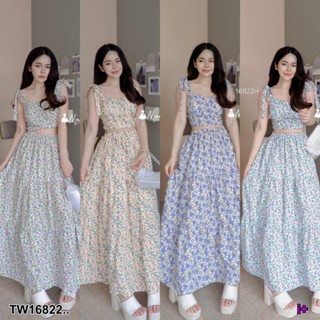 TT16822 Set 2 ชิ้น เสื้อผูกไหล่+กระโปรงเลเยอร์ ลายดอก..	Set of 2 pieces. Shoulder tie shirt + layered skirt. Floral patt