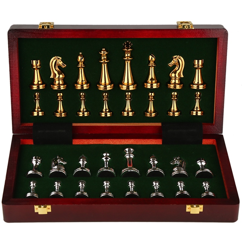 Hot Medieval Metal Chess Set Luxury Portable Folding Wooden Chess Board Games With Chessboard 32 Che