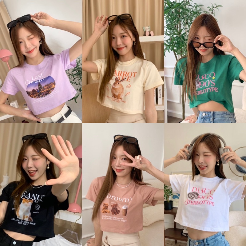 (ลด 50% ในvideo และ Live) พร้อมส่ง! เสื้อยืดทรง crop เนื้อผ้า cotton100% สกรีนพรีเมี่ยม ( มีหลายลาย)