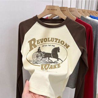 เสื้อยืดแขนยาว เข้ารูป พิมพ์ลาย Raglan แฟชั่นสไตล์เกาหลี สําหรับผู้หญิง สินค้าใหม่