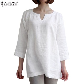 Zanzea เสื้อท็อป คอวี ผ้าฝ้าย แขน 3/4 ลําลอง ทรงหลวม สีพื้น สําหรับผู้หญิง