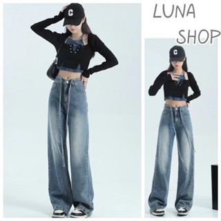 Luna shop🍑กางเกงเอวสูง👖กางเกงยีนส์เอวสูง กางเกงขายาวทรงสตรีท สุดเท่🚚พร้อมส่งจากกทม มาถึงใน 3-5 วัน