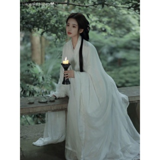 เตรียมการจัดส่ง✲▩เทพธิดาสาว Hanfu ดั้งเดิมสไตล์ Wei Jin เครื่องแต่งกายโบราณนางฟ้าอากาศหรูหราสไตล์โบราณสีขาวเย็นแขนนางฟ้า