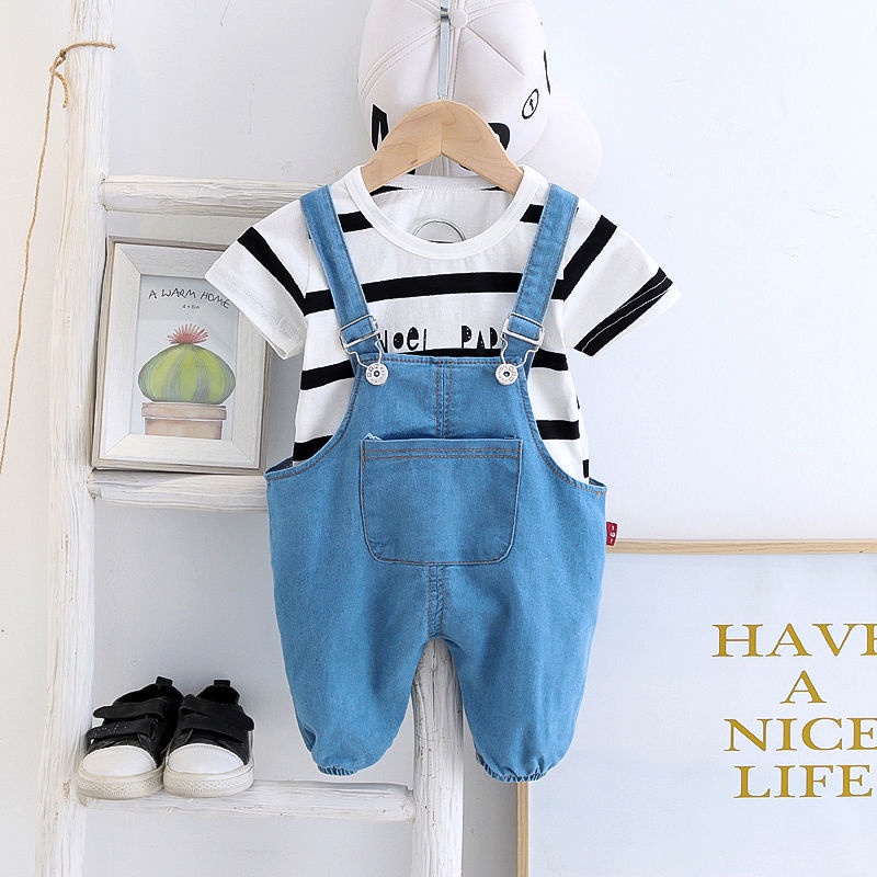 ชุดเด็กผู้ชาย เสื้อยืดลายผึ้ง ชุดเอี๊ยมยีนส์ ชุดเซ็ตสองชิ้นผ้าฝ้ายคุณภาพสูงสำหรับเด็กผู้หญิงฤดูร้อน