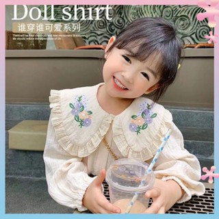 Girls doll collar shirt spring 2022 new childrens Korean style western style embroidered white shirt girls shirt