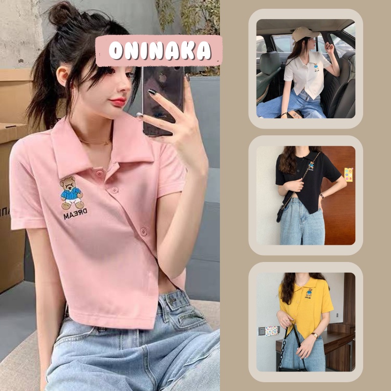 ONINAKA เสื้อไหมพรมคอปกปักลายน้องหมี เสื้อยืด เสื้อแฟชั่นผญ