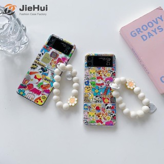 Jiehui เคสโทรศัพท์มือถือ ลายแพนด้า ดอกไม้ สุนัข DREW จระเข้ พร้อมสร้อยข้อมือ แฟชั่น สําหรับ Samsung Z Flip4 Z Flip3