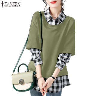 Zanzea เสื้อลําลองสําหรับสตรี แขนยาว ลาย Patchwork สไตล์เกาหลี