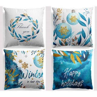 &lt;COD&gt; ปลอกหมอน ลายคริสต์มาส 70x70.60x60.50x50.45x45.40x40.Blue Leafs Xmas ปลอกสวมหุ้ม สําหรับตกแต่งโซฟา ห้องนอน