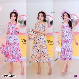 👗Pfashion [ส่งไว!!🚛] P12425 จั๊มสูทขาบานลายดอก+หมวก+ยางมัดผม Flower print jumpsuit + hat + hair band