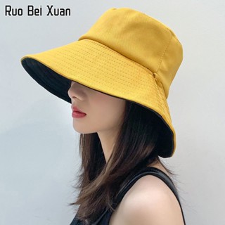 RUO BEI XUAN หมวกชาวประมงผู้หญิงใหม่สองด้านสีทึบม่านบังแดดม่านบังแดดป้องกันรังสีอัลตราไวโอเลตหมวกชาวประมง