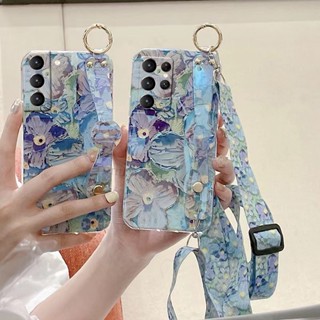 เคสโทรศัพท์มือถือ ซิลิโคนนิ่ม ลายภาพวาดสีน้ํามัน รูปดอกไม้สีม่วง พร้อมสายคล้อง สําหรับ Samsung Galaxy S23 Ultra Plus S23+