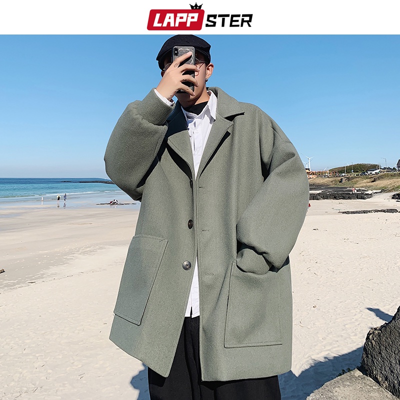 LAPPSTER Men Korean Fashions Wool Trench Coat 2022 Overcoat Mens Japanese Streetwear Winter Coat Harajuku Khaki Jackets  #3