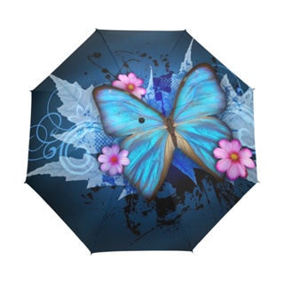New Fashion Butterfly Over Flowers Print Women&amp;#39;s Automatic Umbrella 3 Folding Rain Sun Protection Umbrella Male Port