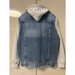 CELINE LAYERED LOGO-PRINT COTTON-JERSEY AND DENIM HOODED JACKET เสื้อคลุมตัวนอก แจ็คเก็ตยีนส์แขนยาว ฮู้ดดี้ สกรีนโลโก้