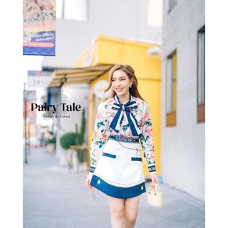 ชุดเซตกระโปรงเสื้อลายดอกแต่งผูกโบว์อกสีกรม  งานป้าย Pairy tale SizeL ***มือ1ป้ายห้อย