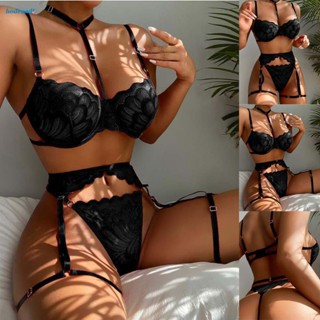 【HODRD】Women Pajamas Set Black Bra+Panties+Belt Fashion Garter Belt Set Lingerie【Fashion】