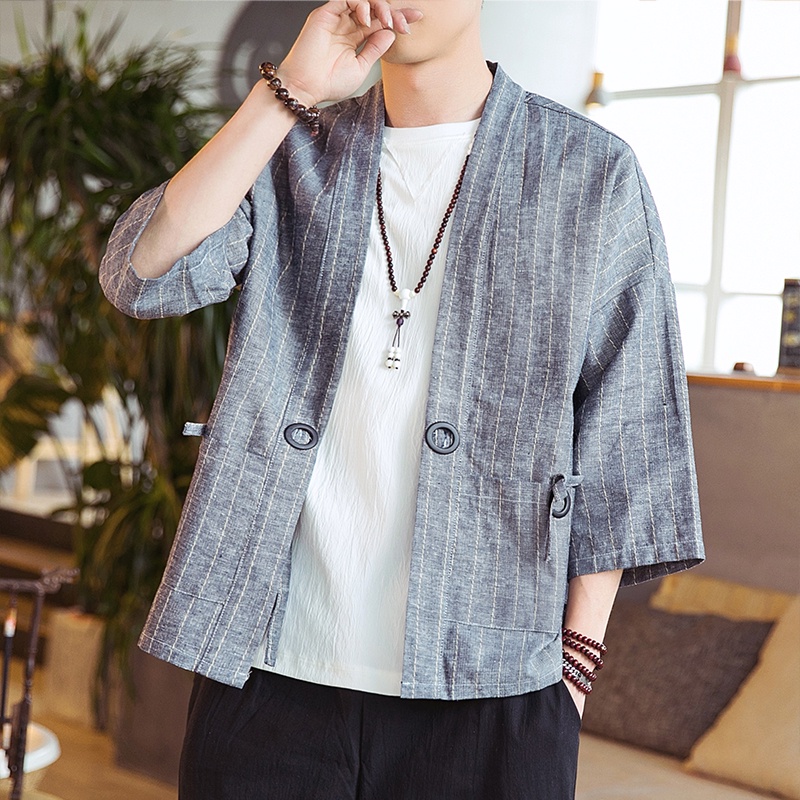 Japanese Kimono Cardigan Men Kimono Traditional Yukata Fashion Cotton Kimono Casual Shirt Jacket Linen Fabric Coat Asian #2
