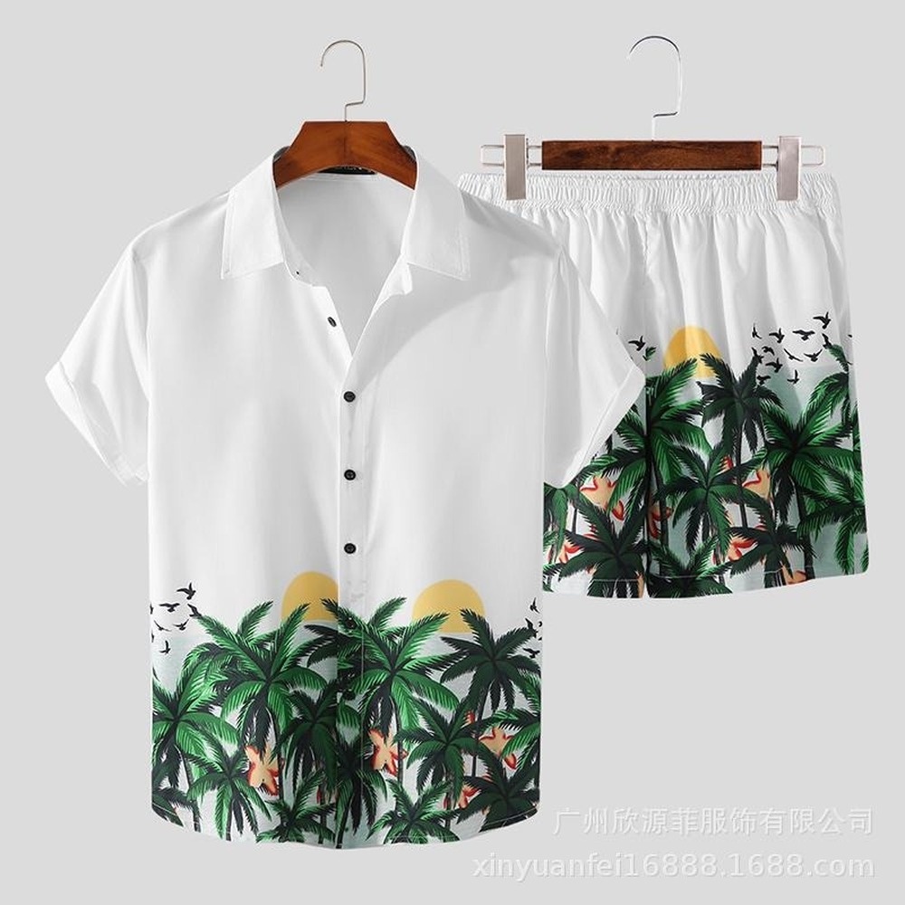 ABeach Clothes Men Summer Fashion Clothing 2 Piece Set Mens Floral Print Hawaiian Shirt Set Short Sleeve Shirt and Sho04 #1