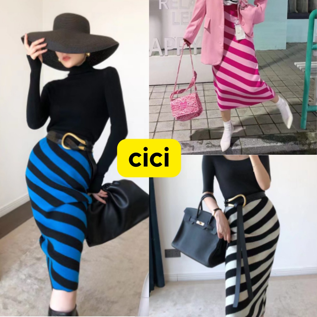 ส่งทันที Cici(NO. 3000)กระโปรงไหมพรมknitทรงเอเข้ารูป ทอลายทางทูโทน เก็บทรงสวยสไตล์เฟียซๆ
