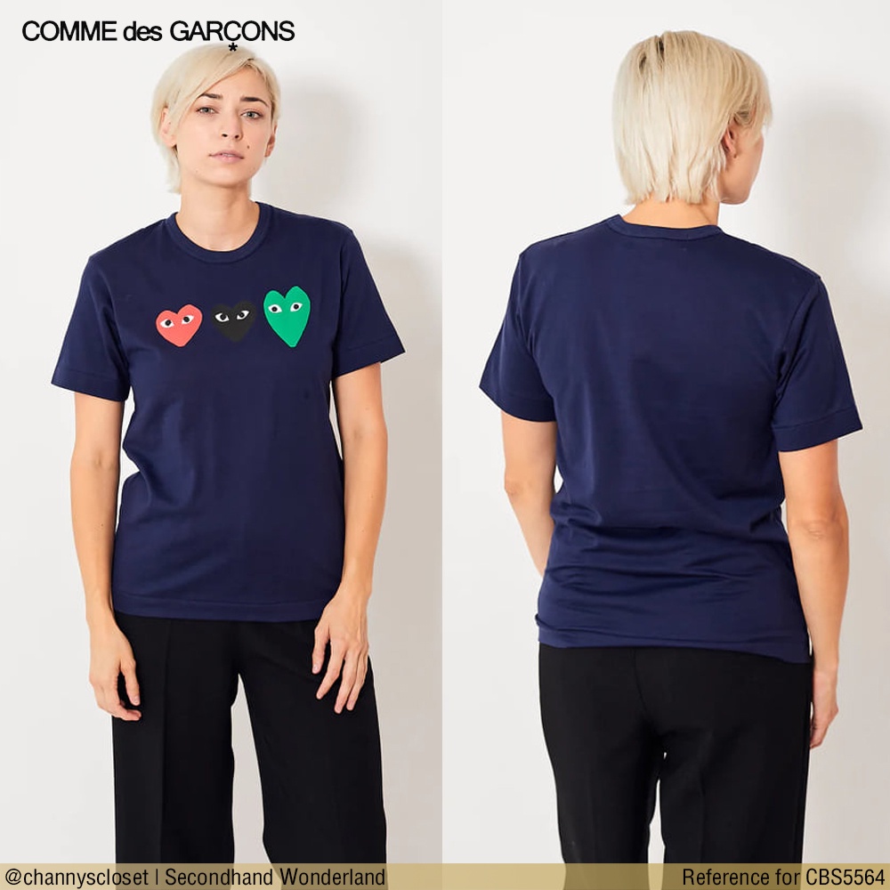 💖USED Comme des Garcons Play - Navy Blue Hearts T-Shirt | เสื้อยืดสีกรมท่า สีแดง ลายหัวใจ แขนสั้น คอกลม สายฝอ แท้ มือสอง