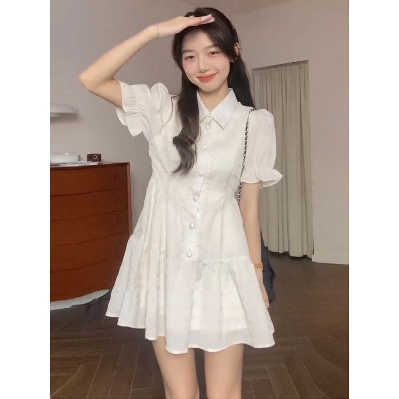 พร้อมส่ง เดรสเชิ้ตสีขาว เวอร์ชั่นเกาหลี น่ารัก เอวบาง แขนสั้น กระโปรงทรงเอ แฟชั่นสีทึบ ชุดนักเรียน