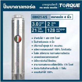 TORQUE ปั๊มบาดาล รุ่น TQ-SP-6BH21-4S บ่อ4นิ้ว 3HP 21ใบ ท่อออก 2 นิ้ว (220V) ปั๊มน้ำอิตาลี ดูดน้ำลึก submerse ครบชุด