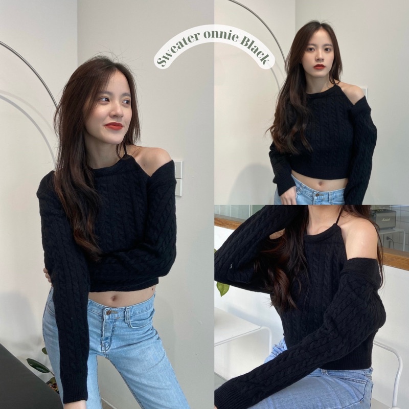 Inta | Sweater Onnie black ☃️ เสื้อสเวตเตอร์เปิดไหล่เย็บติดกับสายเดี่ยวผูกคอแขนยาว