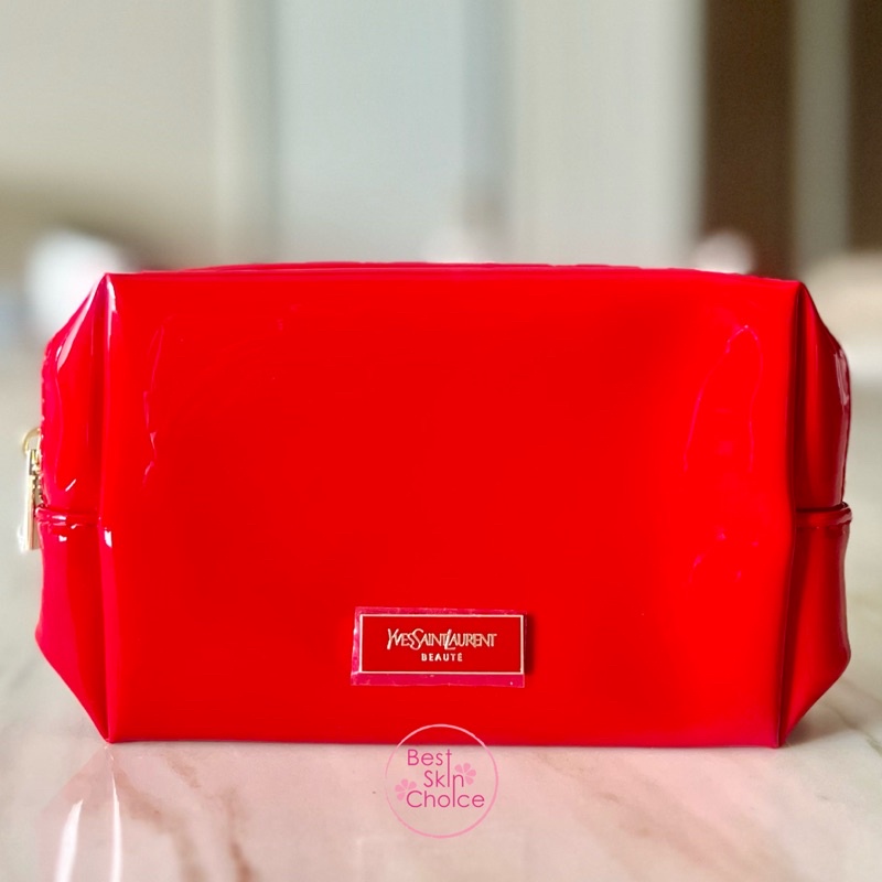 ของแท้ 💯% YSL BEAUTE กระเป๋า หนังแก้วสีแดงจาก Yves Saint Laurent , YSL cosmetics bag red  pouch