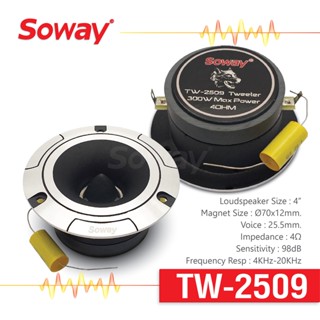 ลำโพง ทวิตเตอร์ ขนาด 4 นิ้ว เเม่เหล็ก Ø70x12mm. Voice : 25.5mm. 4Ω 98dB จำนวน 1 คู่ Soway TW-2509