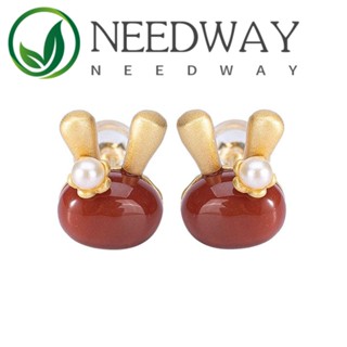 Needway ต่างหูหยก ทรงเรขาคณิต กระต่ายน่ารัก สีเขียว สไตล์มินิมอล เครื่องประดับ สําหรับผู้หญิง