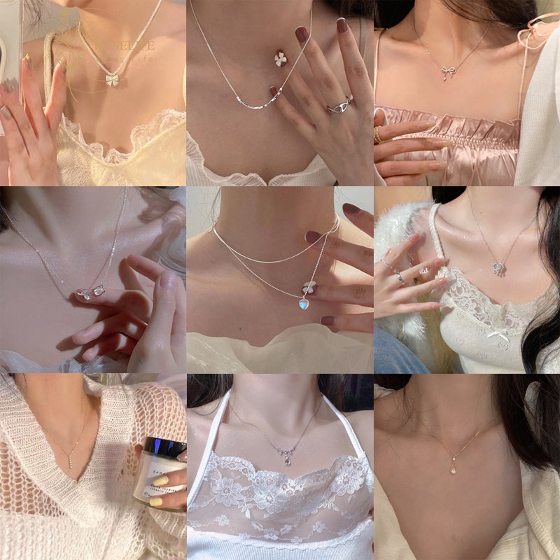 Roselife สร้อยคอ จี้รูปปีกผีเสื้อ ดอกทิวลิป หัวใจ หยดน้ํา ประดับเพทาย มุก สไตล์เกาหลี เก๋ไก๋ สําหรับผู้หญิง