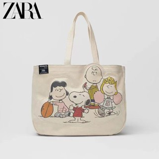 Zara กระเป๋าสะพายไหล่ กระเป๋าช้อปปิ้ง ผ้าแคนวาส พิมพ์ลายสนูปปี้ ความจุขนาดใหญ่ สําหรับผู้หญิง 2022