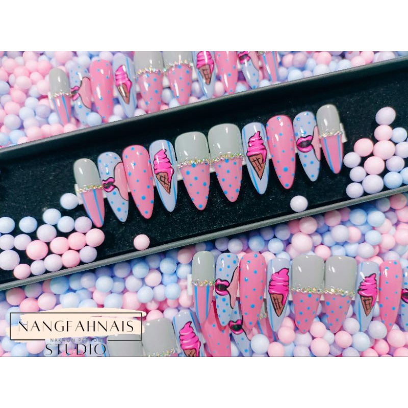 💭โปร 49 บาท🌈HIT❗เล็บเจลพร้อมติด💋ลายอาร์ต'ไอศครีม🍦 สายฝอ😍แถมฟรีกาวตะไบ