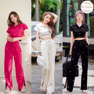 พร้อมส่ง🛹 เสื้อครอปคอปก+กางเกงวอร์มผ่าขา เย็บติดเพชร🛼 bt 06-2248