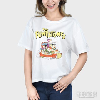 DOSH:WOMENS CROP T-SHIRTเสื้อครอปคอกลม แขนสั้น ผู้หญิง สีขาว ลิขสิทธิ์ FLINTSTONES รุ่นDFTWT1000-OW