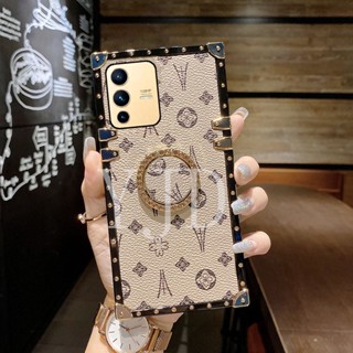 เคสโทรศัพท์มือถือ ทรงสี่เหลี่ยม กันกระแทก ลายดอกไม้ ประดับเพชร พร้อมขาตั้ง สําหรับ Vivo V23 V23e S12 Pro S10E V21 V21E