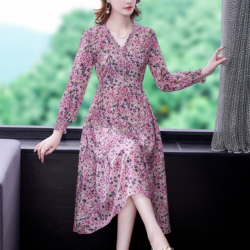Women Pink Floral Natural Silk Midi Dresses Autumn Korean Fashion Chiffon Dress 2022 Spring New Elegant Bodycon Party Ve