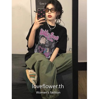 love flower เสื้อยืด คอกลม แขนสั้น พิมพ์ลายตัวอักษร สไตล์เกาหลี สําหรับผู้หญิง