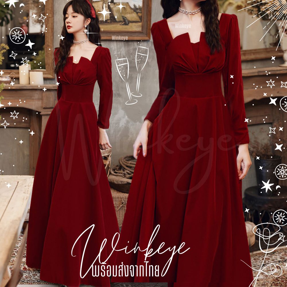 (Dress5-144)พร้อมส่ง Red Dress เดรสแดงกระโปรงยาว แขนยาว หรูเจ้าหญิง แต่งอกจีบหางโบว์ สวยขลับผิวขาว เอวS ชุดออกงาน ราตรี