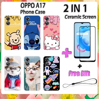 2 IN 1 เคสโทรศัพท์ OPPO A17 พร้อมกระจกนิรภัยกันรอยเซรามิกหน้าจอโค้งฟิล์มนิรภัยการ์ตูน