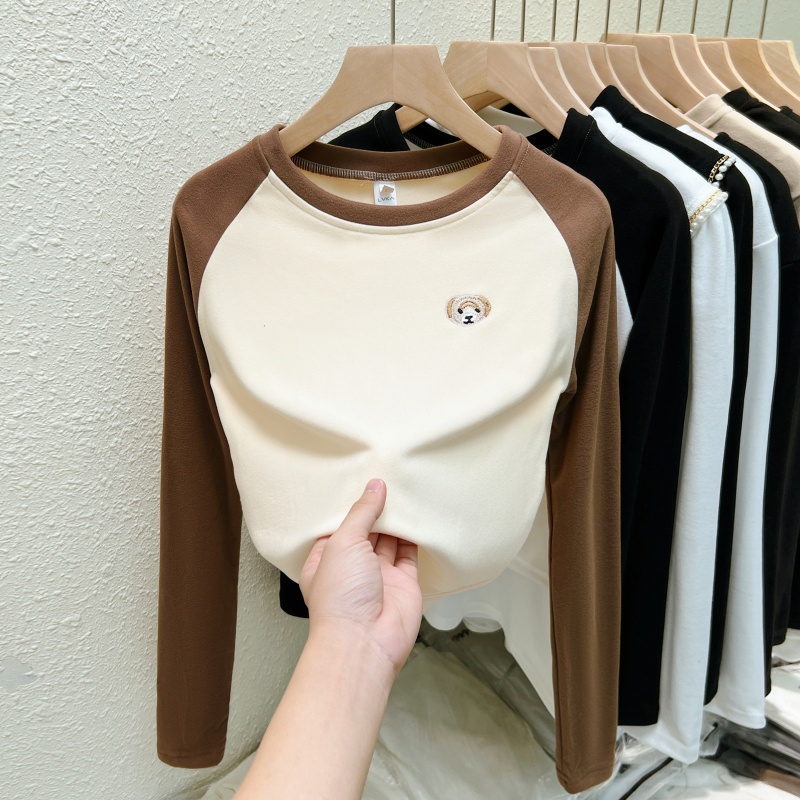 Suxi เสื้อยืดลําลอง ผ้าฟลีซ แขนยาว คอกลม ปักลาย ทรงหลวม เข้ากับทุกการแต่งกาย สําหรับสตรี
