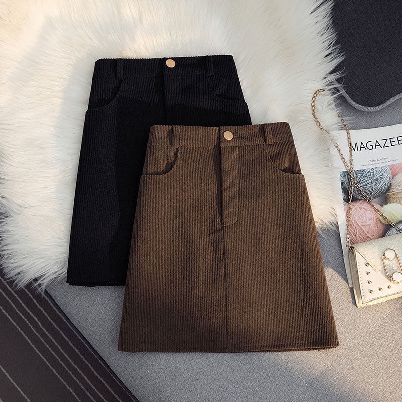 พลัสขนาดผู้หญิงฤดูใบไม้ร่วงและฤดูหนาวแฟชั่นสไตล์เกาหลีที่เรียบง่ายสบายๆเอวสูงหลวมกระโปรงผ้าลูกฟูก