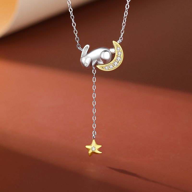 ต่างหูและสร้อยกระต่างหมายจันทร์ครื่องเงินแท้ S925 สีเงิน