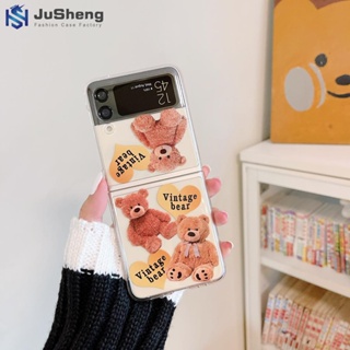 Jusheng เคสโทรศัพท์มือถือ ผ้ากํามะหยี่ขนนิ่ม ลายหมี พร้อมขาตั้ง สําหรับ Samsung Z Flip5 Z Flip4 Z Flip3