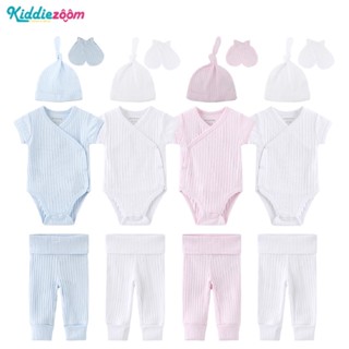 Kiddiezoom ชุดจั๊มสูทรอมเปอร์ แขนสั้น สีพื้น 8 ชิ้น * 2 + หมวกถัก * 2 + ถุงมือ * 2 สําหรับเด็กทารกแรกเกิด