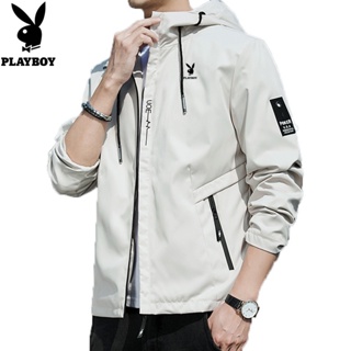 Playboy เสื้อแจ็กเก็ตคาร์โก้ มีฮู้ด สไตล์เกาหลี สําหรับผู้ชาย