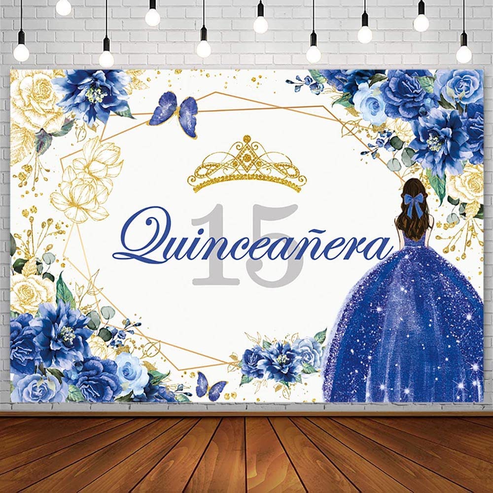 7x5ft 15th วันเกิดฉากหลังสําหรับสาวหวาน Mis Quince Anos 15th ตกแต่งงานเลี้ยงวันเกิด Royal Blue Gold 