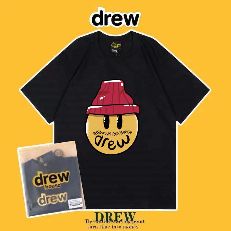 เสื้อยืดแขนสั้น ผ้าฝ้ายแท้ ทรงหลวม ลาย Drew House Smiley Fun Niche Street Wear แฟชั่นฤดูร้อน สําหรับ