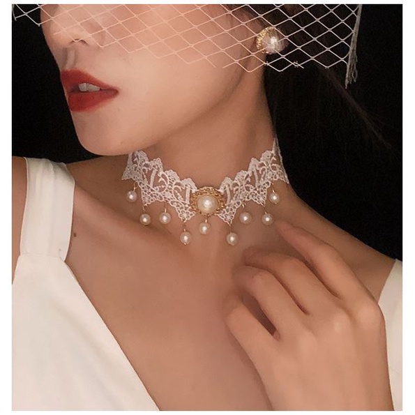 สร้อยคอโชคเกอร์ White Choker สร้อยสไตล์วิคตอเรีย คอสเพลย์ สร้อยโชคเกอร์ ผ้าลูกไม้สีขาว
